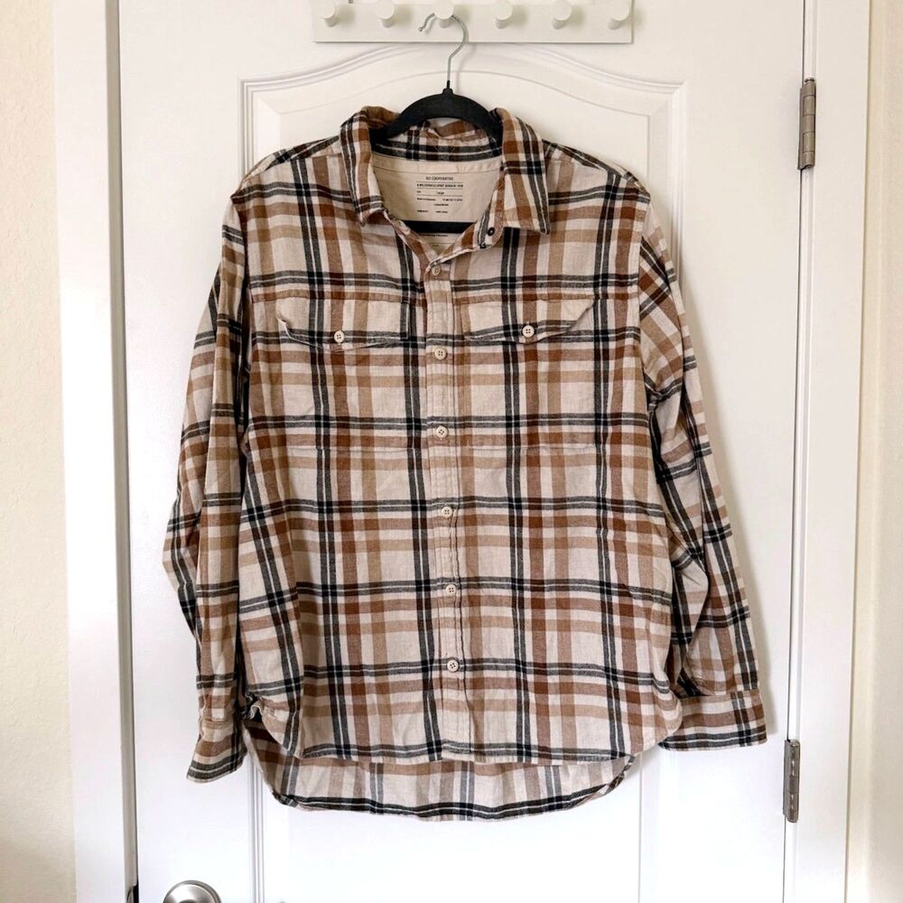 REI Co-op Flannel Shirt Mens L Brown Cream Plaid Cotton Button Down Casual